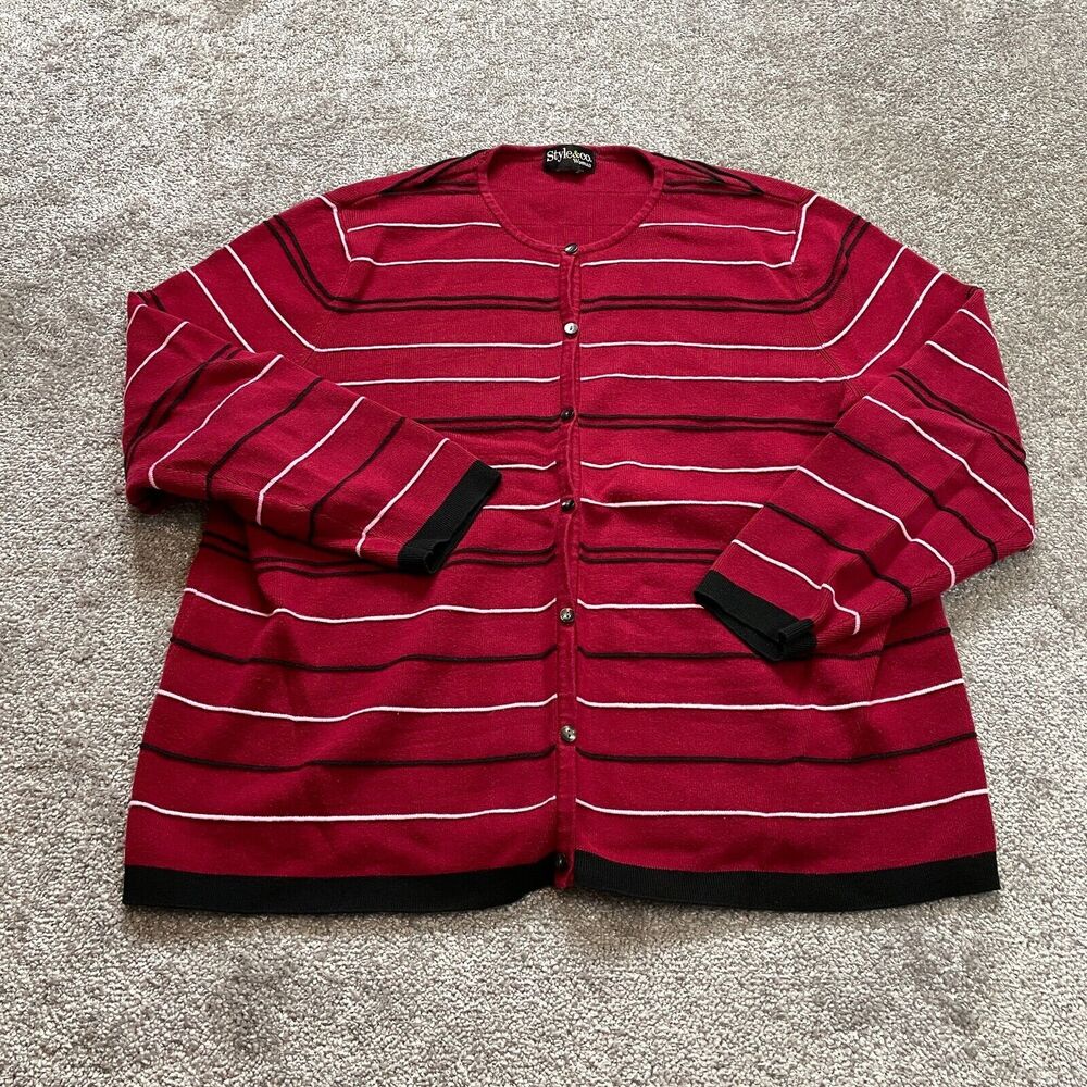 Style & Co Cardigan Sweater Womens 2X Red Striped Button Up Sweatshirt Ladies